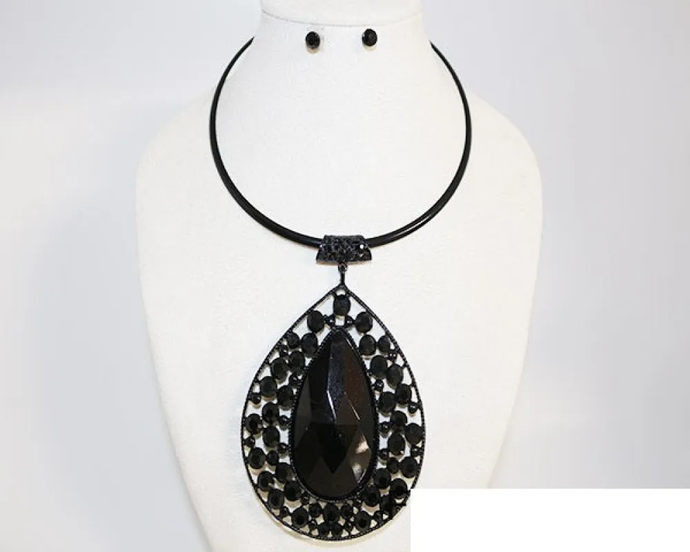 BLACK CHOKER NECKLACE SET ( 1034 BKJET ) made by Oh My Jewelry