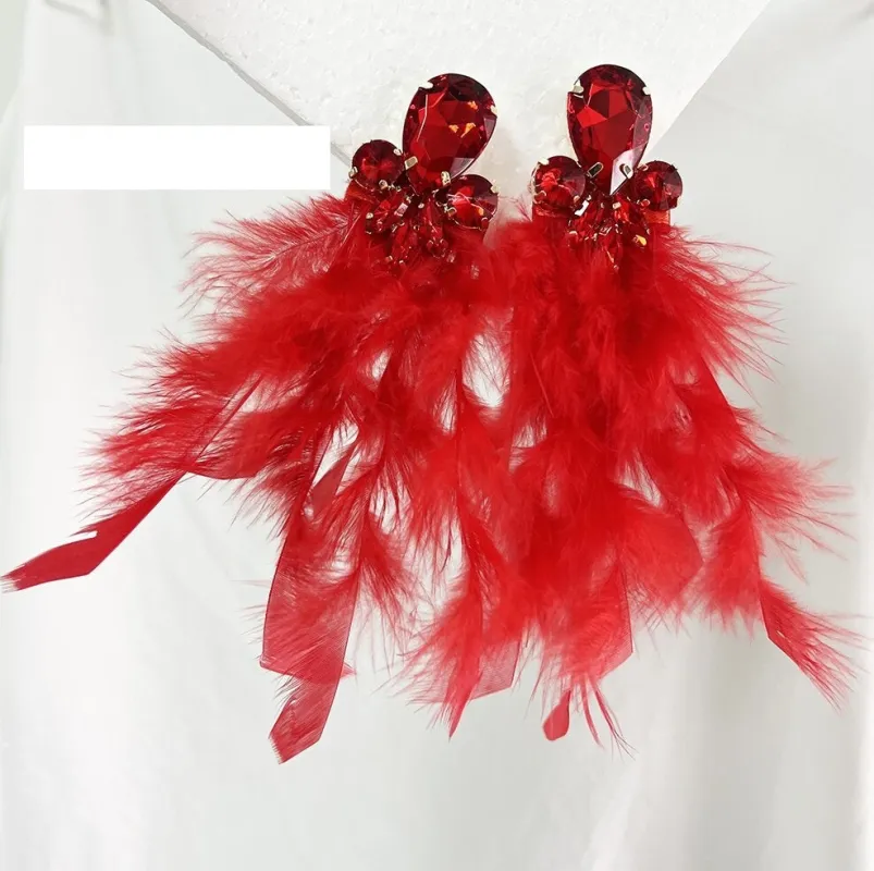 RED STONE FEATHER EARRINGS ( 24 7RD ) made by Oh My Jewelry