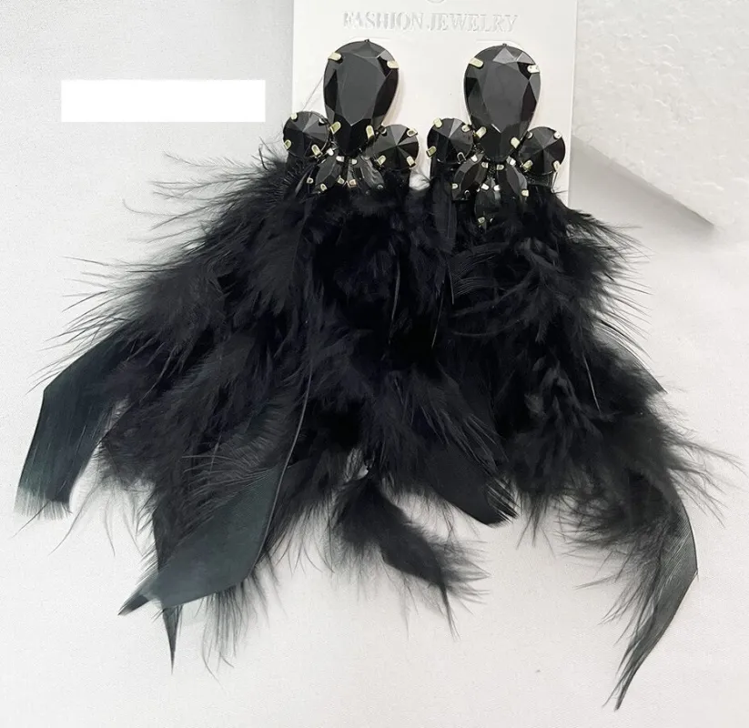 BLACK STONE FEATHER EARRINGS ( 24 9BK ) made by Oh My Jewelry