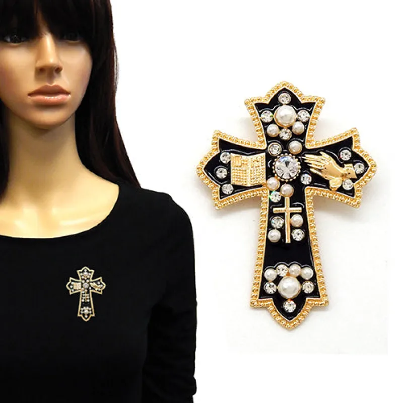 GOLD CROSS BROOCH ( 2237 GDBLK ) made by Oh My Jewelry