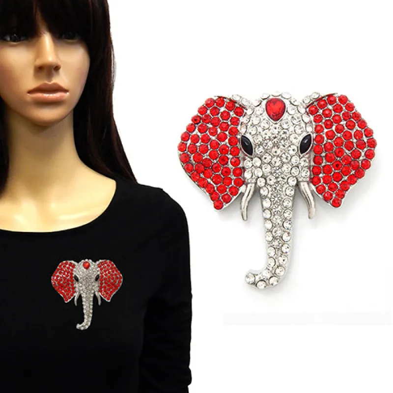 LARGE SILVER ELEPHANT HEAD BROOCH RED CLEAR STONES ( 2093 RDRECLR ) made by Oh My Jewelry