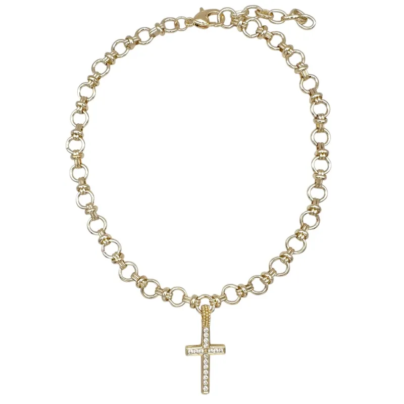 14K GOLD PLATED NECKLACE CROSS CLEAR CZ STONES ( 1360 G ) made by Oh My Jewelry