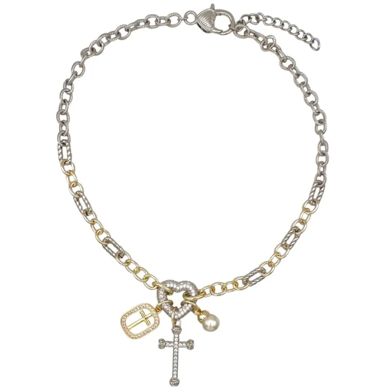 14K GOLD PLATED NECKLACE CLEAR CZ STONES CROSS ( 1101 ) made by Oh My Jewelry