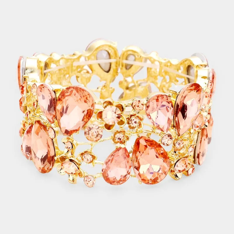 Gold Stretch Bracelet with Peach Rhinestones ( 01152LP) made by Oh My Jewelry