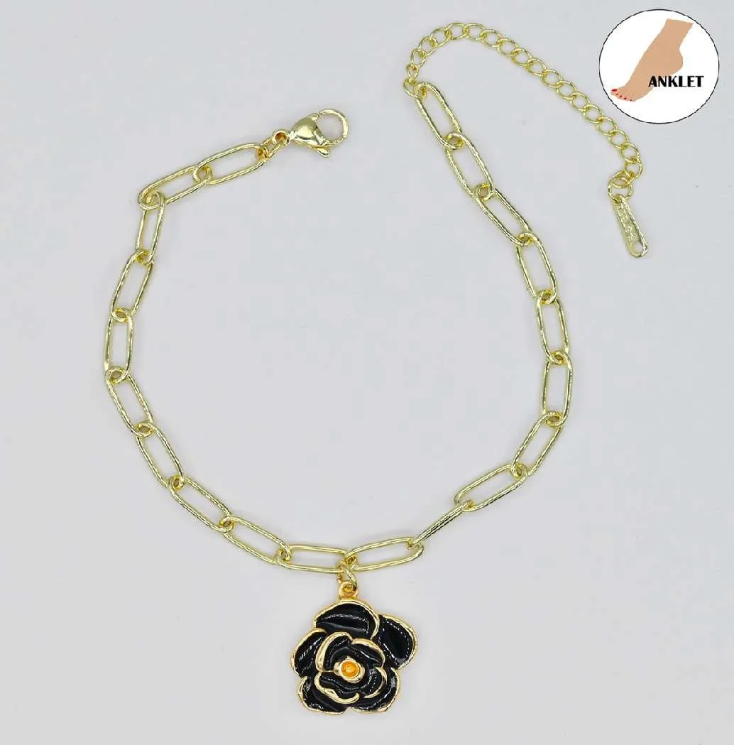 GOLD STAINLESS STEEL ANKLET FLOWER CHARM ( 3454 GBK ) sold by Oh My Jewelry