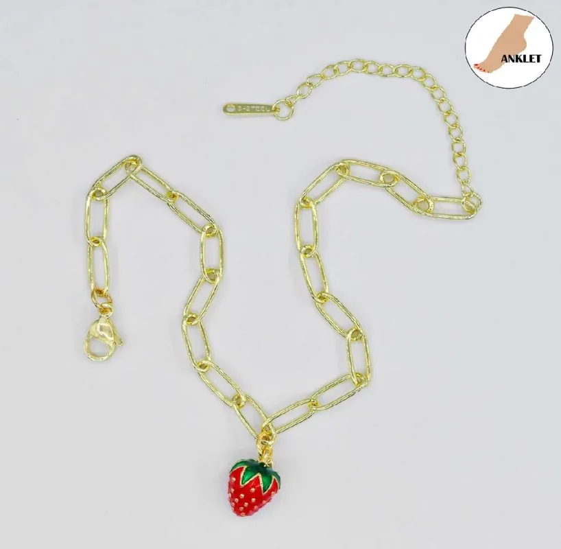 GOLD STAINLESS STEEL ANKLET STRAWBERRY CHARM ( 3402 G ) made by Oh My Jewelry