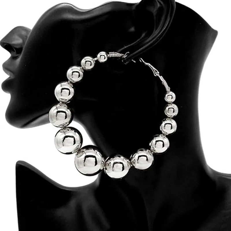 LARGE SHINY SILVER BALL HOOP EARRINGS ( 3449 ) made by Oh My Jewelry