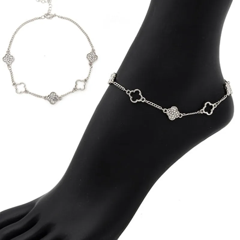 SILVER ANKLET QUATREFOIL CLEAR STONES ( 2042 RDCLR ) made by Oh My Jewelry