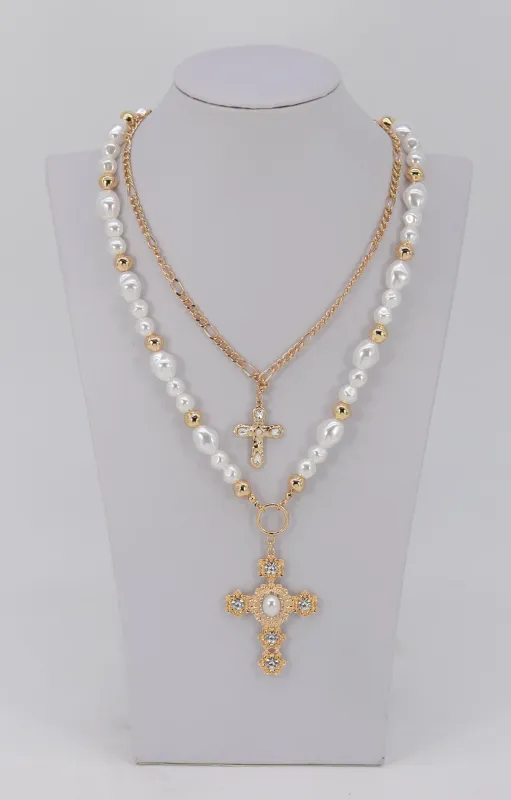 DOUBLE LAYERED CROSS NECKLACE ( 1730 GLCRM ) made by Fiesta