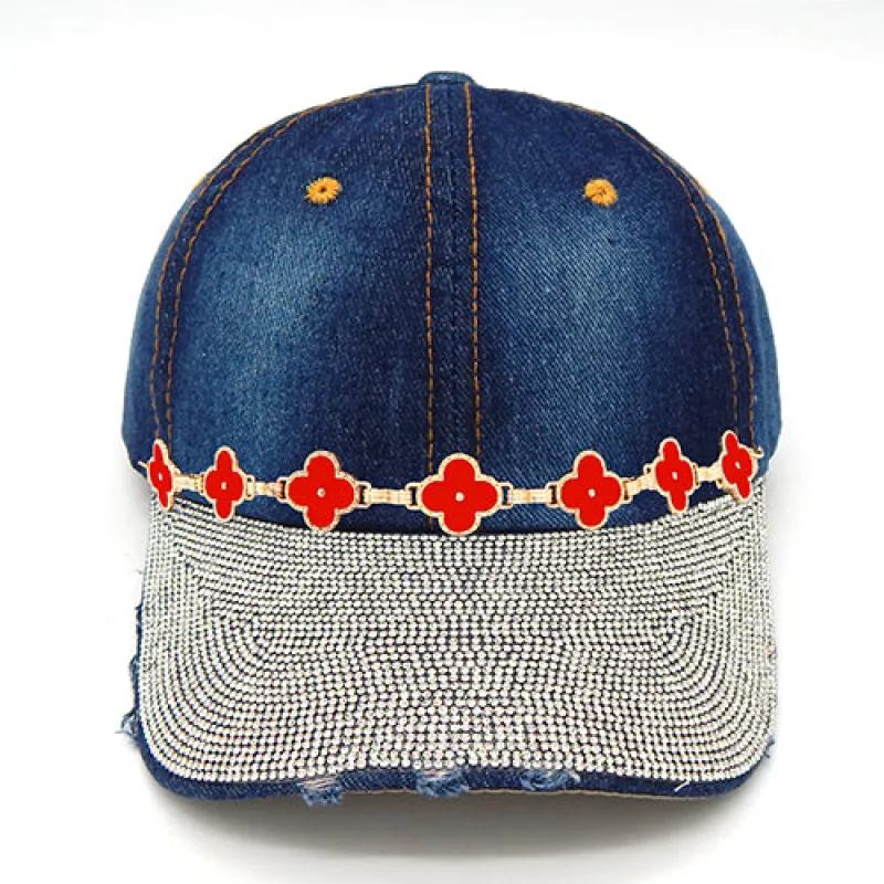 DENIM BASEBALL HAT RHINESTONE ( 8453 NBLRED ) made by Oh My Jewelry