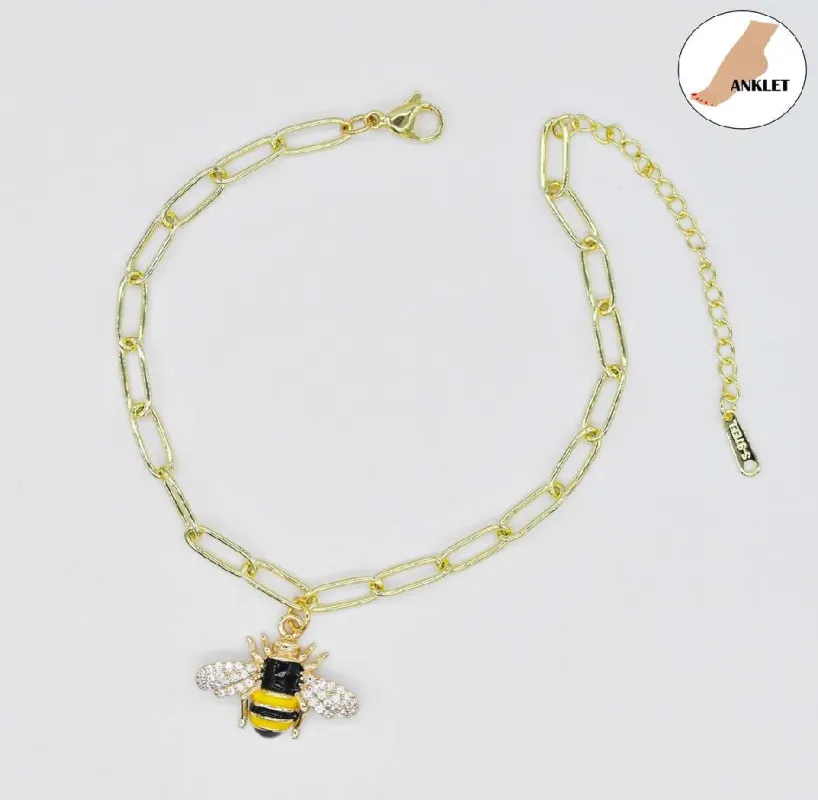 GOLD STAINLESS STEEL ANKLET BEE CHARM ( 3480 G ) made by Oh My Jewelry