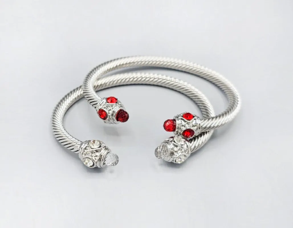 SILVER CUFF BANGLE SET RED CLEAR STONES ( 1596 RDWH-RH ) made by Oh My Jewelry