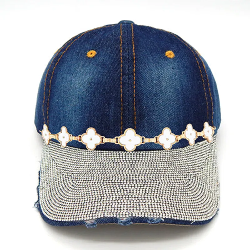 DENIM BASEBALL HAT RHINESTONE ( 8453 NBLWHTGD ) made by Oh My Jewelry