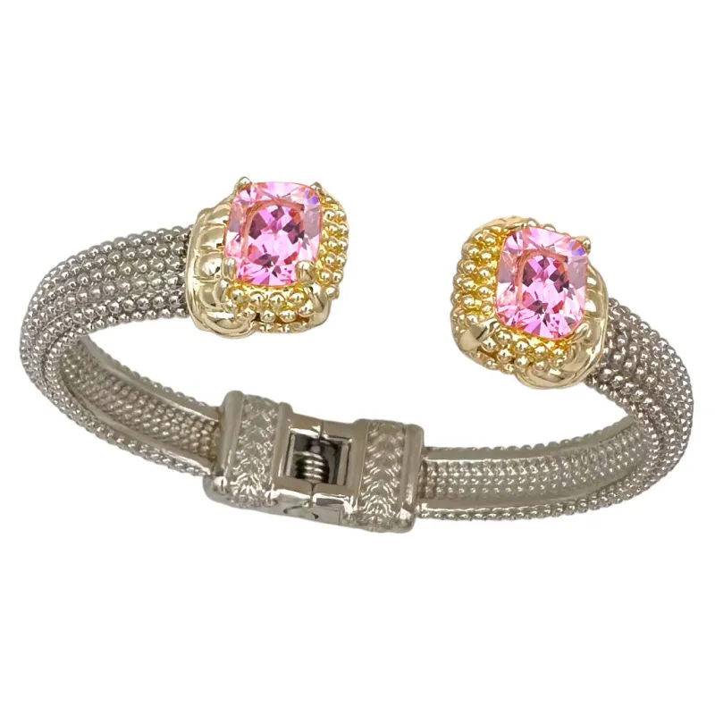 SILVER GOLD CUFF BANGLE PINK STONES ( 9919 BRO ) made by Oh My Jewelry