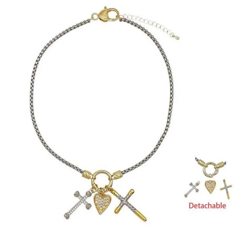 14K GOLD PLATED NECKLACE CROSS HEART CHARMS CLEAR CZ STONES ( 1414 ) made by Oh My Jewelry