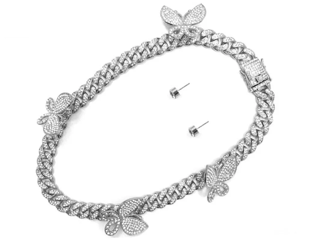 SILVER NECKLACE SET BUTTERFLIES CLEAR STONES ( 7696 RHCRY ) made by Oh My Jewelry