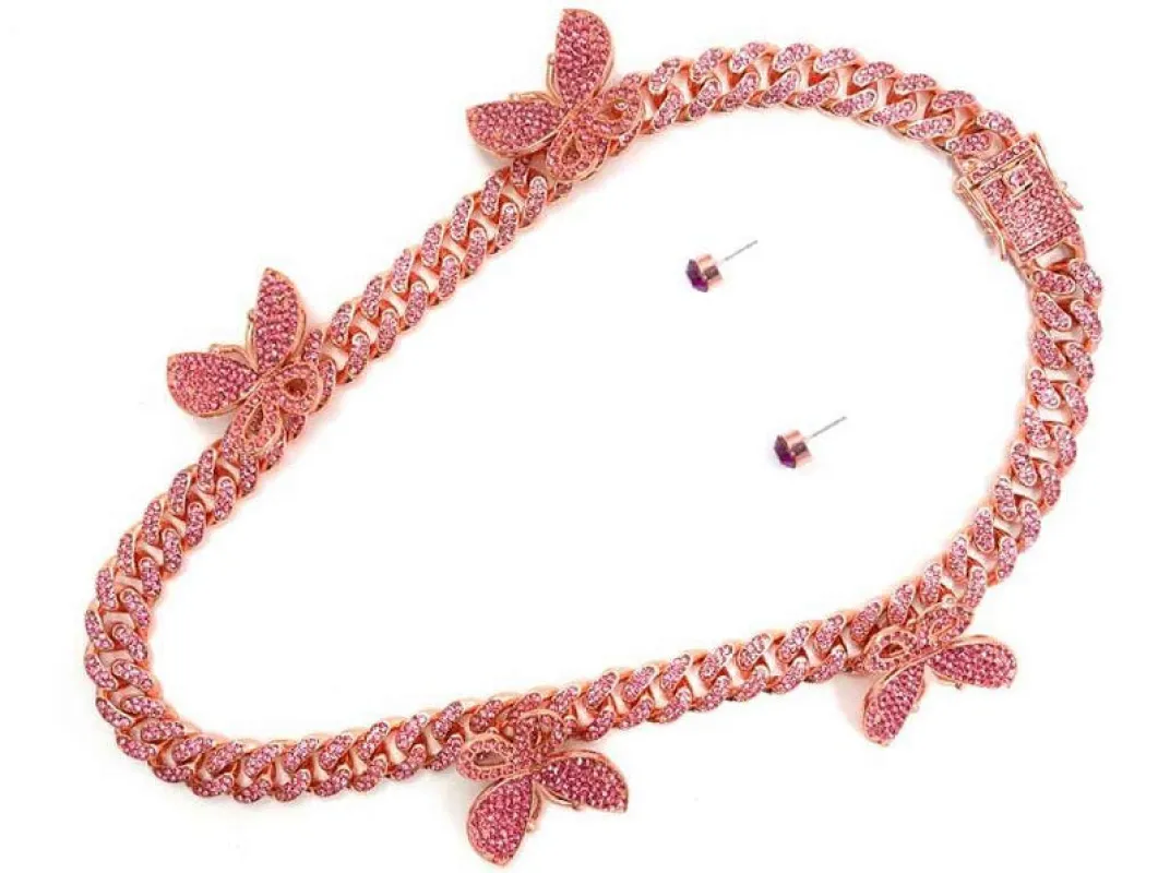 ROSE GOLD NECKLACE SET BUTTERFLIES PINK STONES ( 7696 RGDPK ) made by Oh My Jewelry