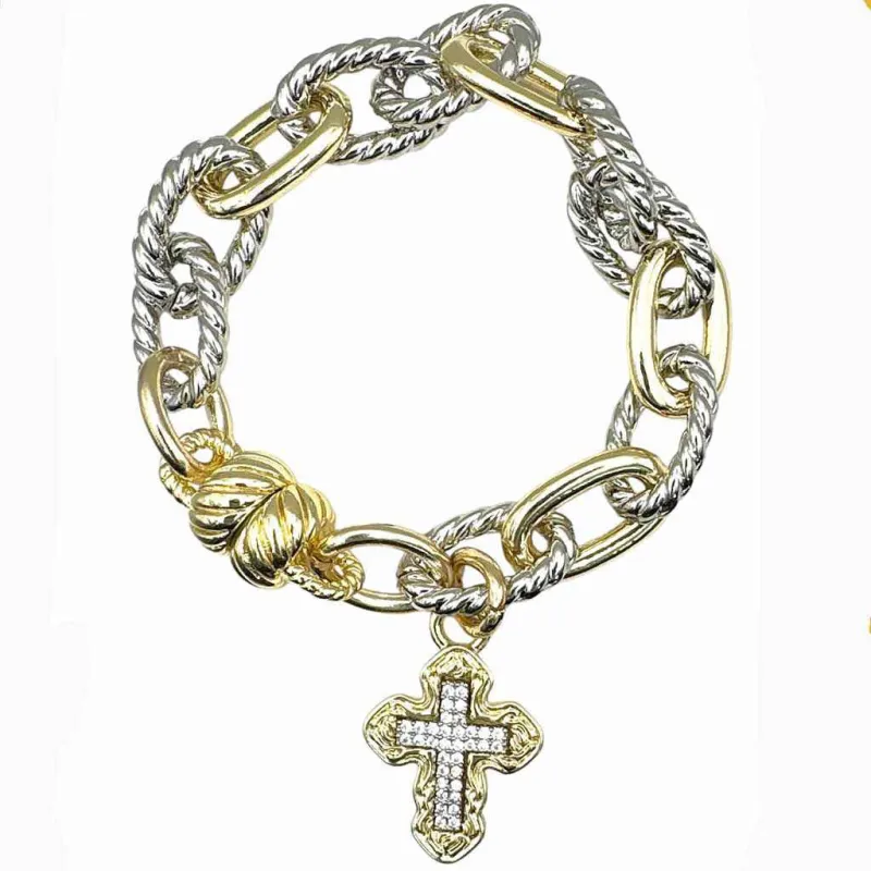 14K GOLD PLATED BRACELET CLEAR CZ STONES CROSS CHARM ( 9834 B ) made by Oh My Jewelry