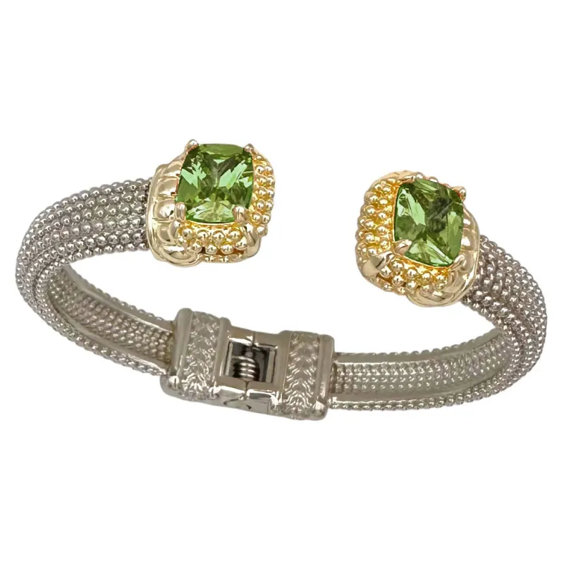 SILVER GOLD CUFF BANGLE OLIVE GREEN STONES ( 9919 BOL ) made by Oh My Jewelry