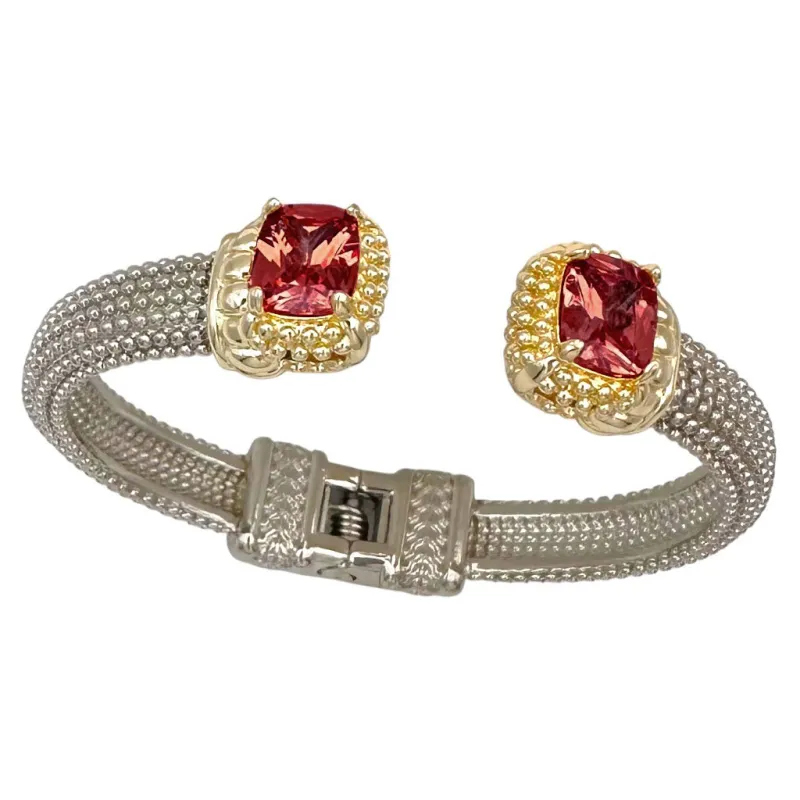 SILVER GOLD CUFF BANGLE RED STONES ( 9919 BG ) made by Oh My Jewelry