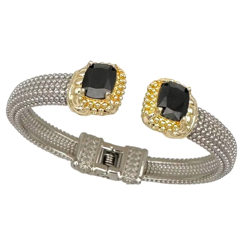 SILVER GOLD CUFF BANGLE BLACK STONES ( 9919 BJ ) made by Oh My Jewelry