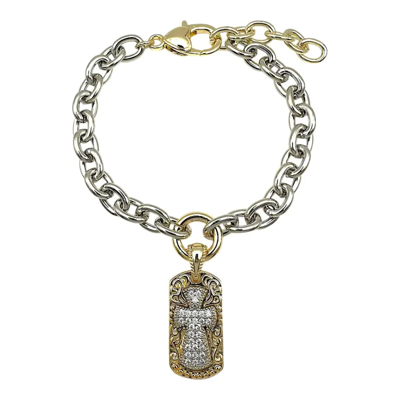 14K GOLD PLATED BRACELET CROSS CHARM CLEAR CZ STONES ( 1840 B ) made by Oh My Jewelry