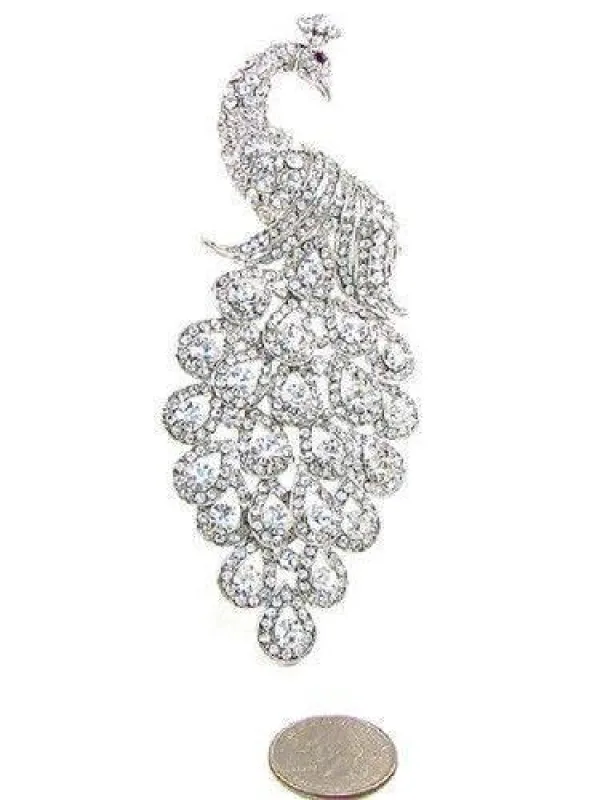 Silver Clear Rhinestone Large Peacock Brooch ( 0660 SCL ) made by Oh My Jewelry