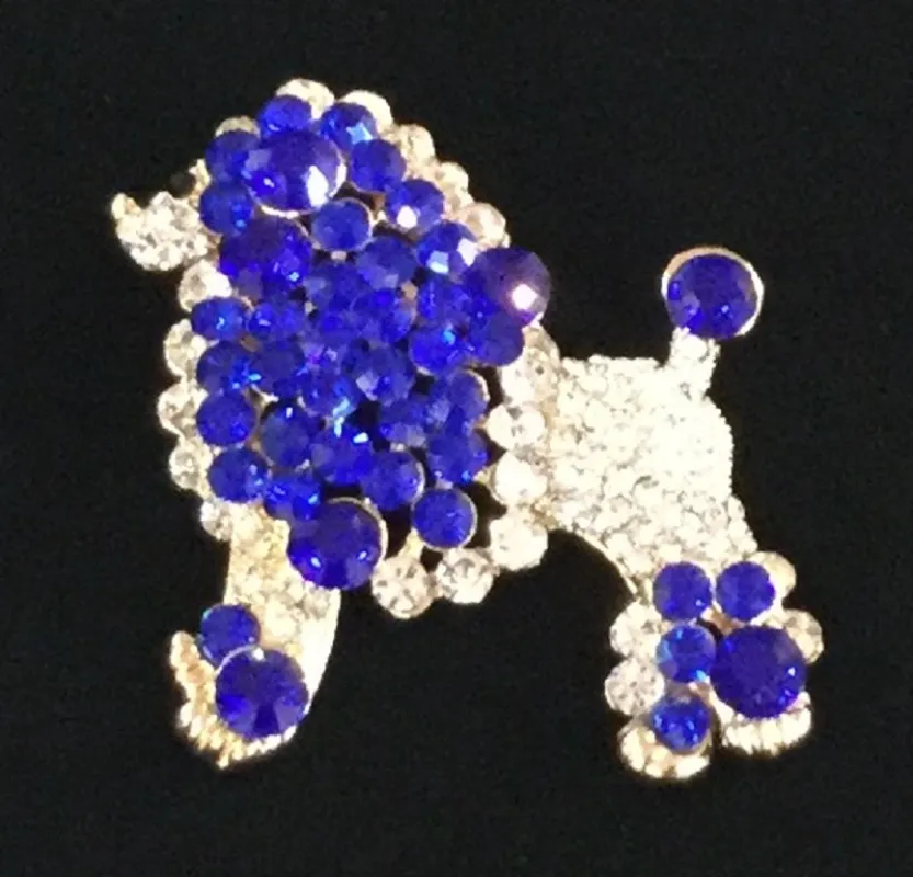 GOLD POODLE BROOCH WITH CLEAR AND BLUE RHINESTONES ( 06302 GBL ) made by Oh My Jewelry