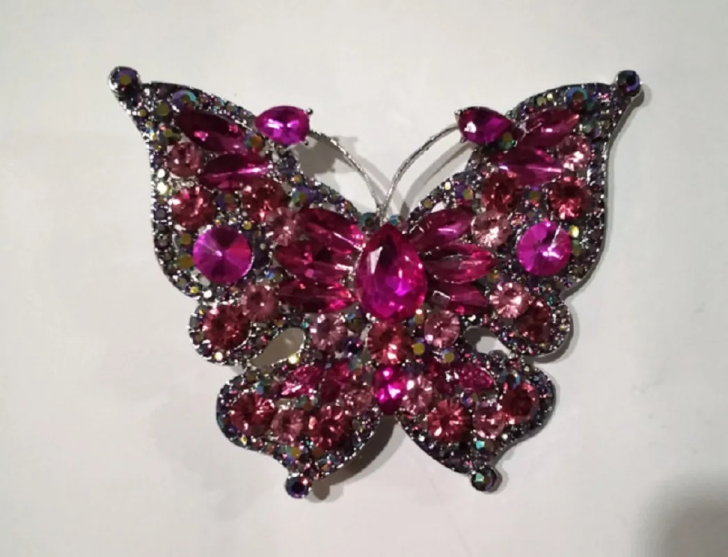 SILVER Fuchsia Rhinestone Butterfly Brooch ( SFU ) made by Oh My Jewelry