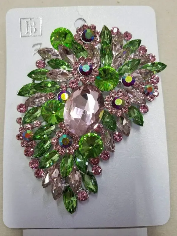 Silver Pink and Green Rhinestone Large Brooch Pin ( 06647 ) made by Oh My Jewelry