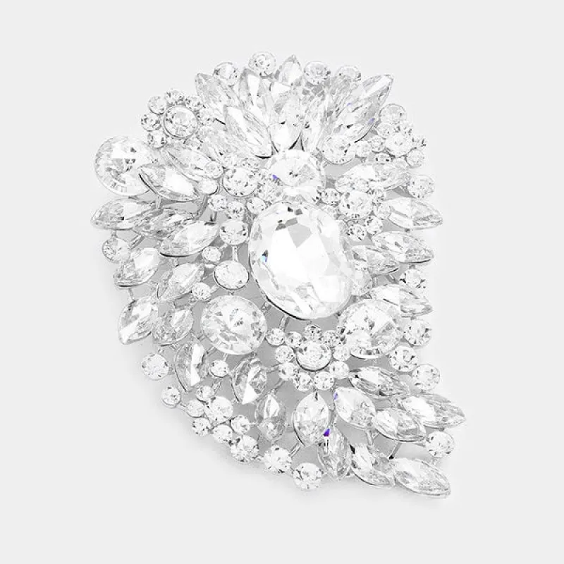 Silver Clear Rhinestone Large Brooch Pin ( 06647 SCL ) made by Oh My Jewelry