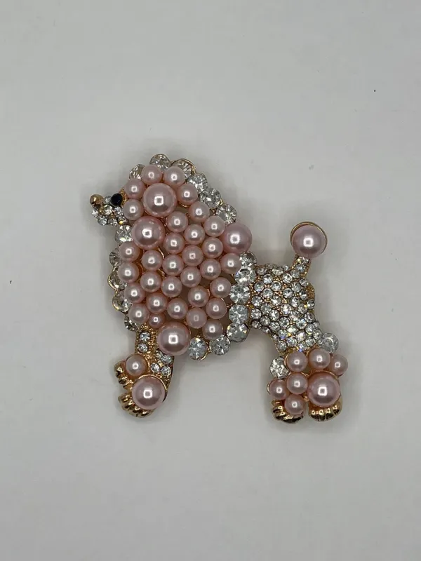 Gold Clear Rhinestone PINK Pearl Poodle Dog Brooch ( 06301 PK ) made by Oh My Jewelry