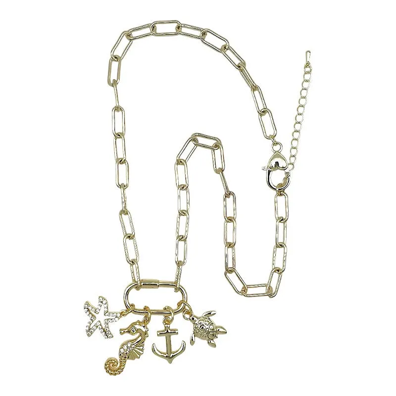GOLD PLATED CZ SEA THEME CHARM NECKLACE ( 1860G ) made by Oh My Jewelry
