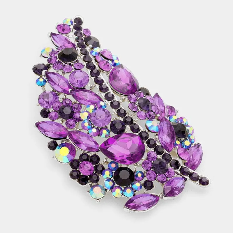 3 3/4" PURPLE Rhinestone Silver Accent Leaf Brooch ( 06540 SPU ) made by Oh My Jewelry