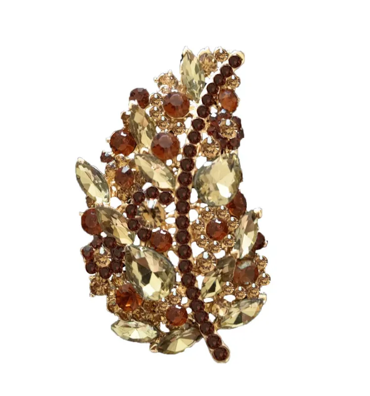 3 3/4" Topaz Rhinestone with Gold Accent Leaf Brooch ( 06540 GTOP ) made by Oh My Jewelry