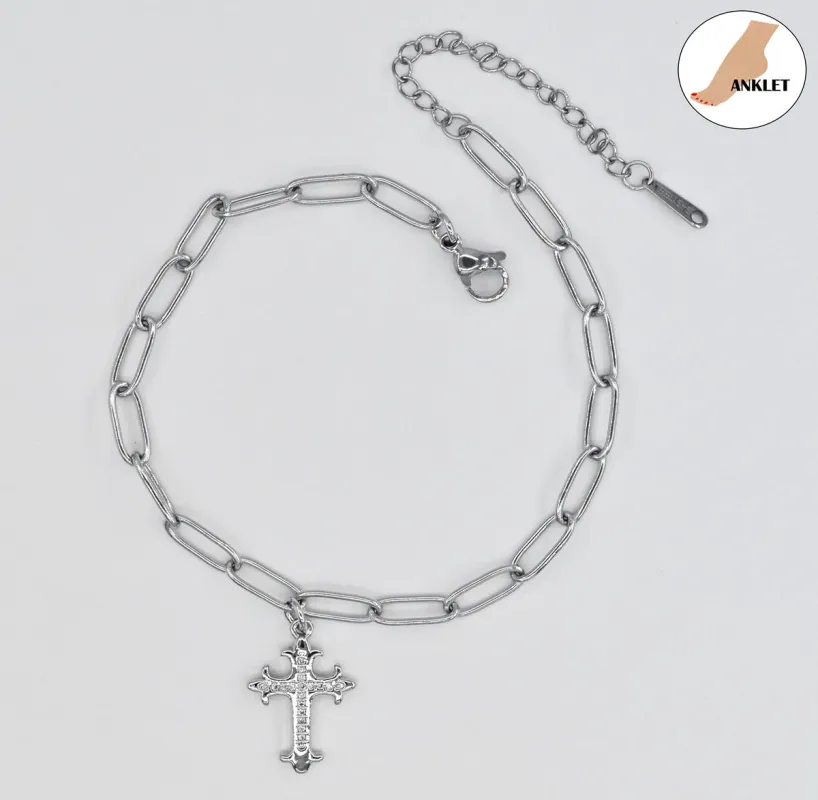 STAINLESS STEEL CROSS CZ ANKLET ( 3195 S ) made by Oh My Jewelry