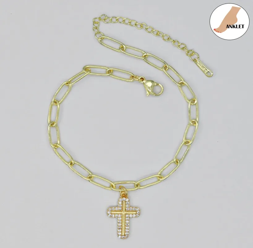 STAINLESS STEEL CROSS CZ ANKLET ( 3192 G ) made by Oh My Jewelry