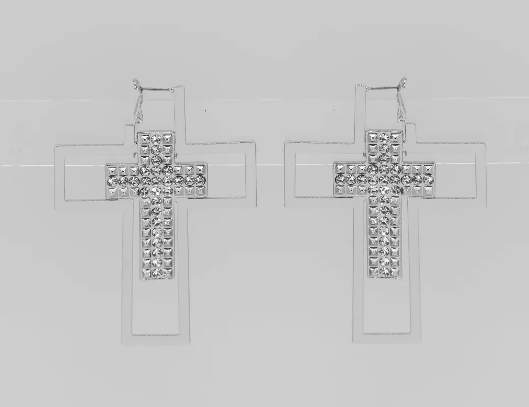 SILVER CROSS EARRINGS CLEAR STONES ( 4993 SLCRY ) made by Fiesta