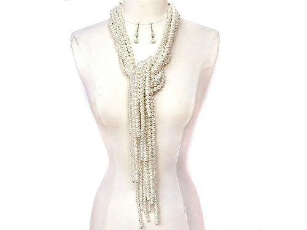 Multi Layered Various Function Cream Pearl Necklace with Earrings ( 3375 CR ) made by Oh My Jewelry