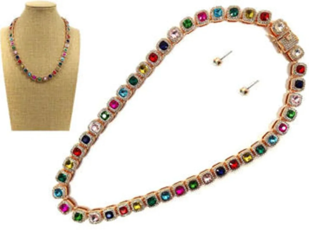 GOLD MULTICOLOR STONE NECKLACE SET ( 8486 GDMU ) made by Oh My Jewelry