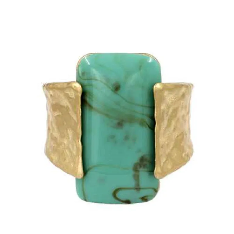 GOLD CUFF BRACELET WITH LARGE RECTANGLE TURQUOISE COLOR STONE ( 2325 GDTQ ) made by Oh My Jewelry