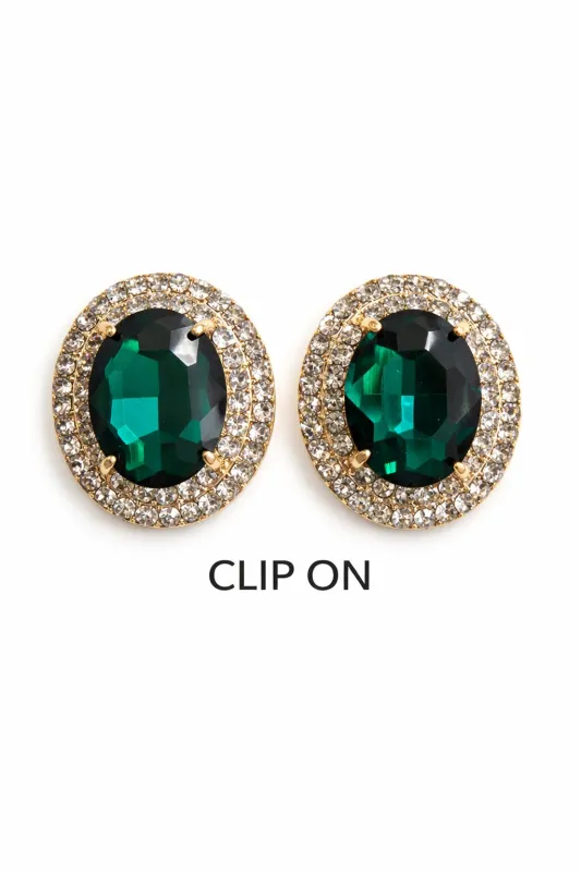 GOLD CLIP ON EARRINGS GREEN ( 2758 EM ) made by Oh My Jewelry