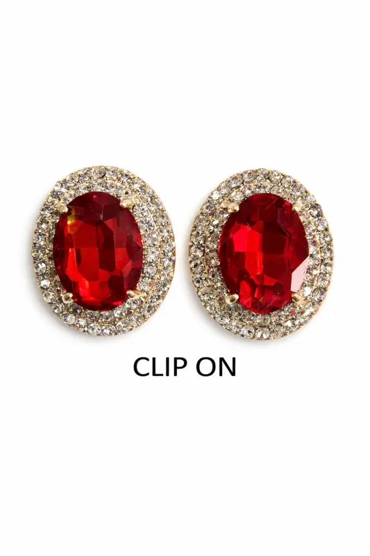 GOLD CLIP ON EARRINGS RED ( 2758 RD ) made by Oh My Jewelry