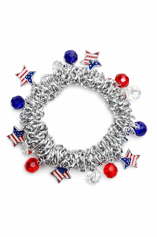 SILVER STRETCH BRACELET STAR AMERICAN FLAG CHARMS ( 6092 S ) made by Oh My Jewelry