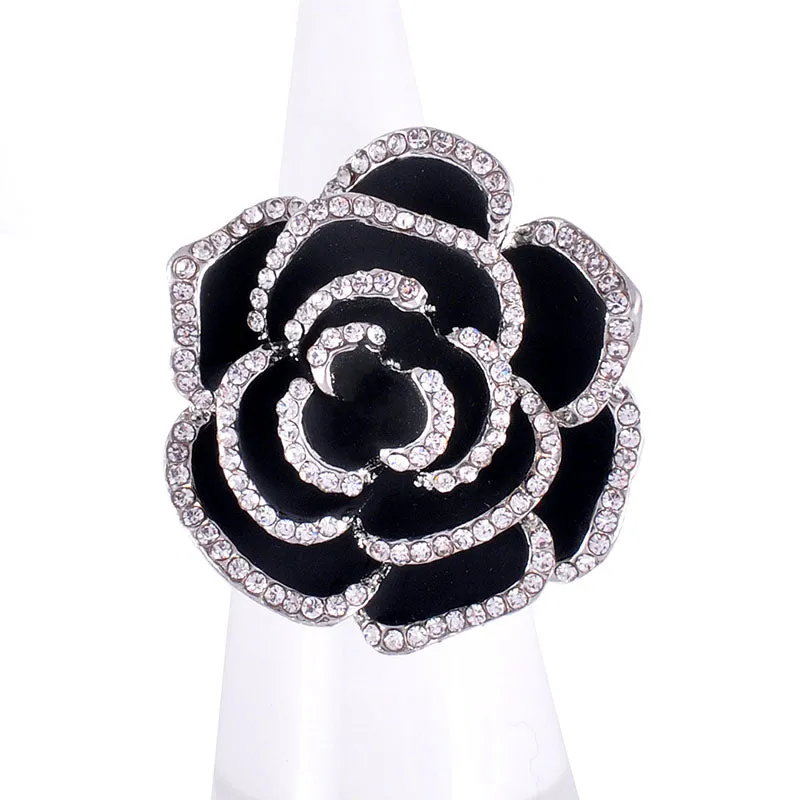 SILVER BLACK FLOWER STRETCH RING CLEAR STONES(R1278SBCR) made by Oh My Jewelry