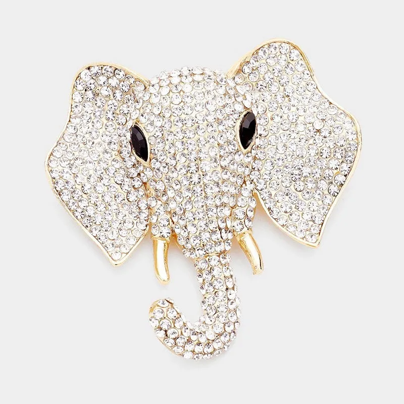 GOLD ELEPHANT BROOCH CLEAR STONES ( 1378 GCL ) made by Oh My Jewelry