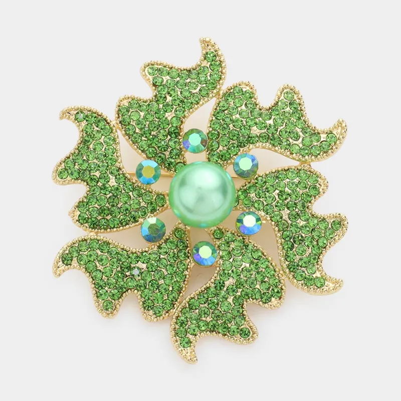 3.25" Gold Green Rhinestone GREEN Pearl Flower Brooch ( 1331 PERI ) made by Oh My Jewelry