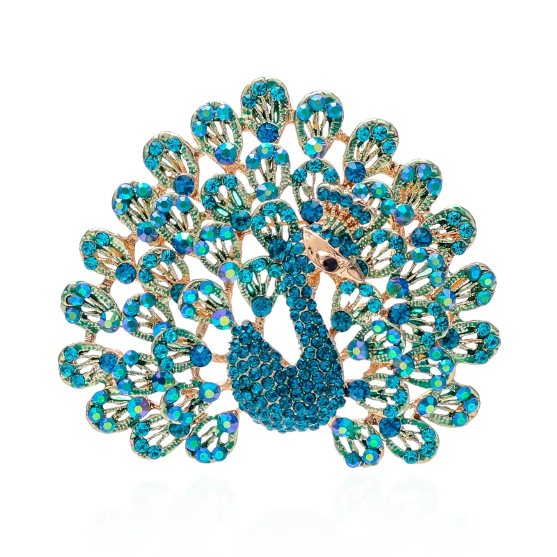 CRYSTAL PEACOCK BROOCH ( 1639 AQ ) made by Oh My Jewelry