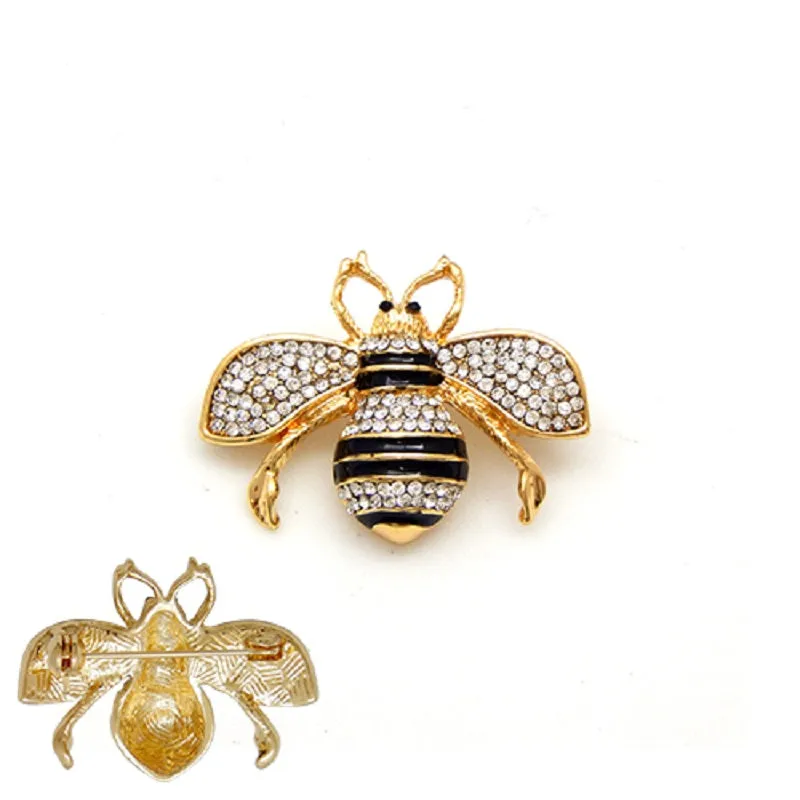 1.3" GOLD BLACK ENAMEL CLEAR RHINESTONE BEE BROOCH ( 2001 GCL ) made by Oh My Jewelry