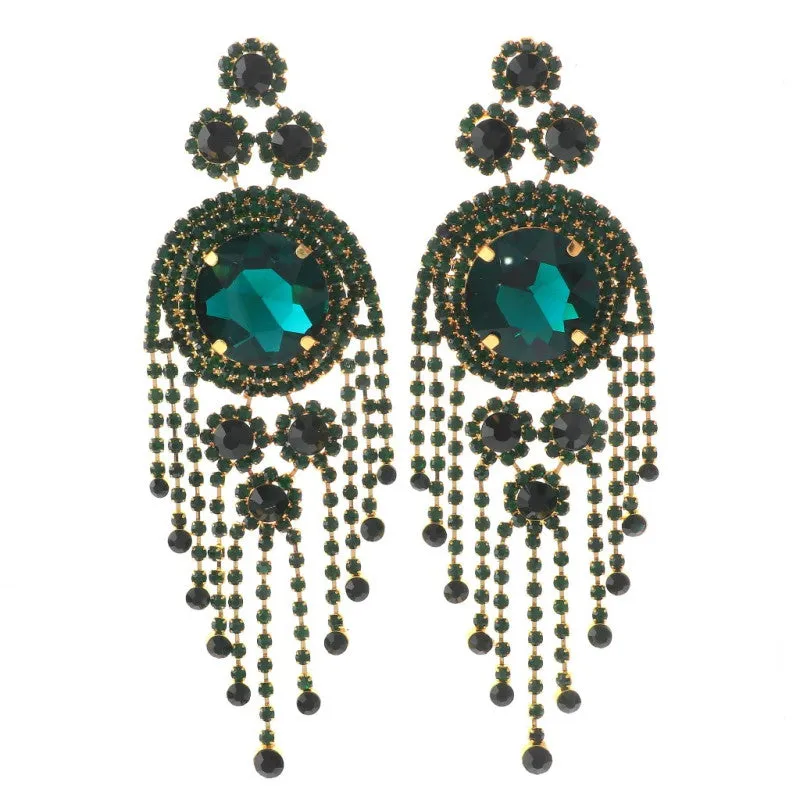 LARGE DANGLING GOLD CHANDELIER EARRINGS EMERALD GREEN STONES ( 8593 GEMECLIP ) made by Oh My Jewelry